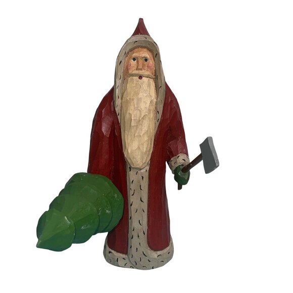 Vintage Santa Claus Tree And Axe Folk Art Style Hand Carved Collectible Wooden - Picture 12 of 12